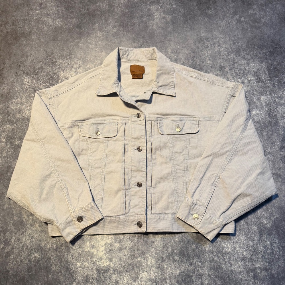 American Eagle Womens XL Corduroy‎ Trucker Jacket Light Blue Oversized Cropped
